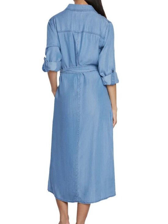 Denim Button-Front Long Shirt Dress in Blue - Picture 7 of 9